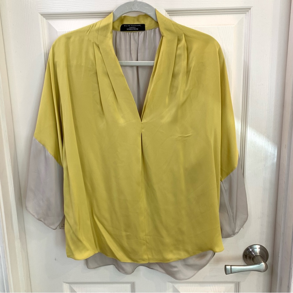 Elie Tahari X Nordstrom Silk Two-Tone Top Wide Flowy Sleeves